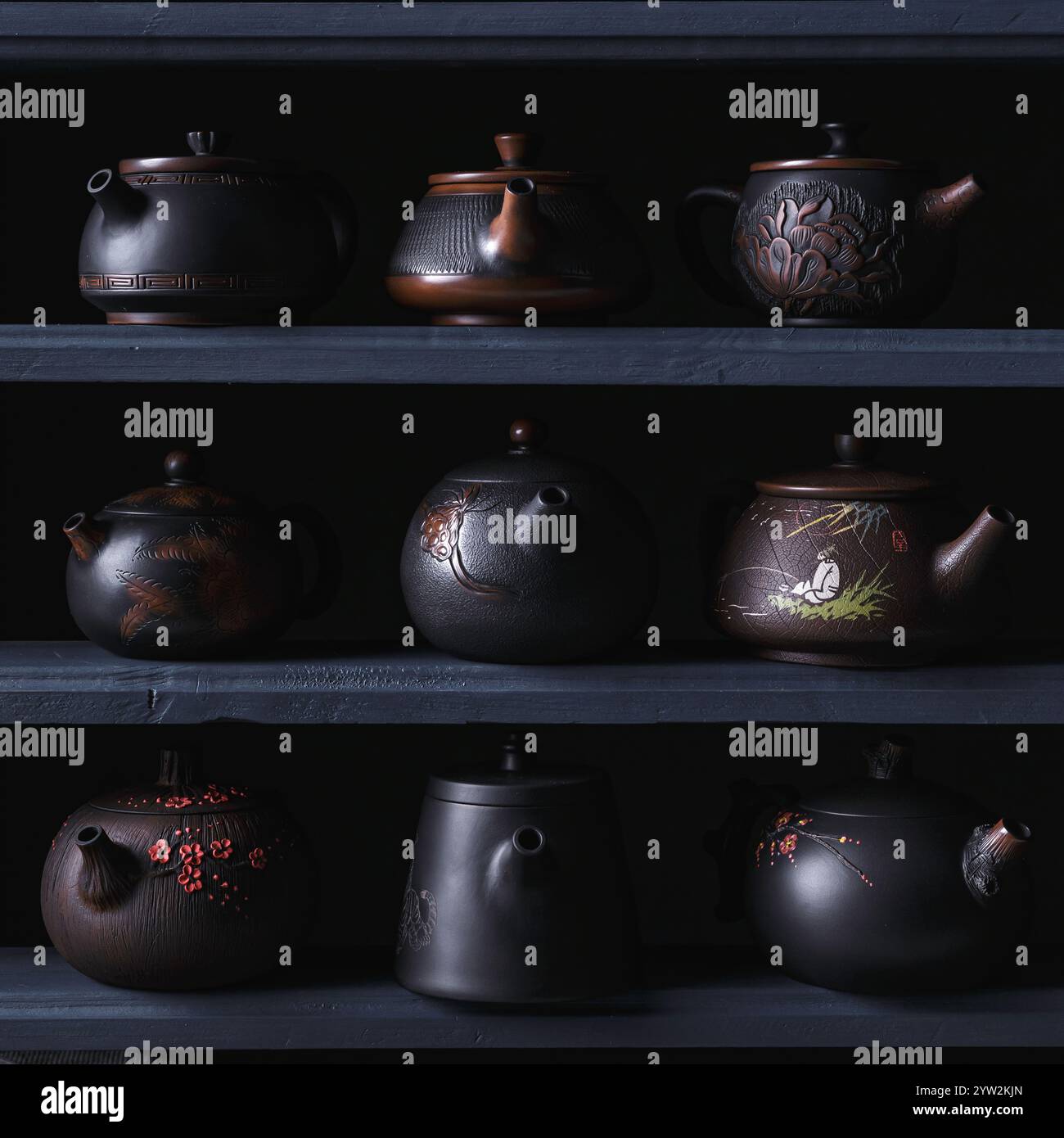 Un'esposizione elegantemente curata di teiere nere che esemplificano design unici e un'eccezionale maestria artigianale Foto Stock