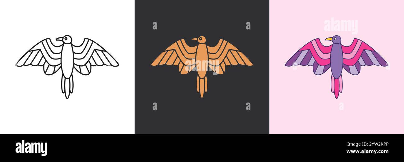 Set di icone mistiche Raven. Modello di logo vettoriale geometrico nero e colorato Illustrazione Vettoriale