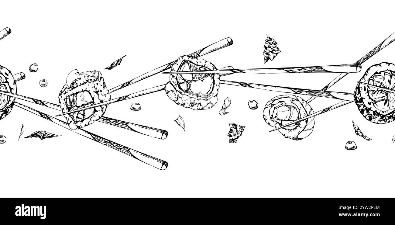 Sushi di cucina giapponese california philadelphia alaska su bacchette con pesce crudo salmone unagi gamberi di tonno, disegnati a mano in penna vettoriale e inchiostro Illustrazione Vettoriale