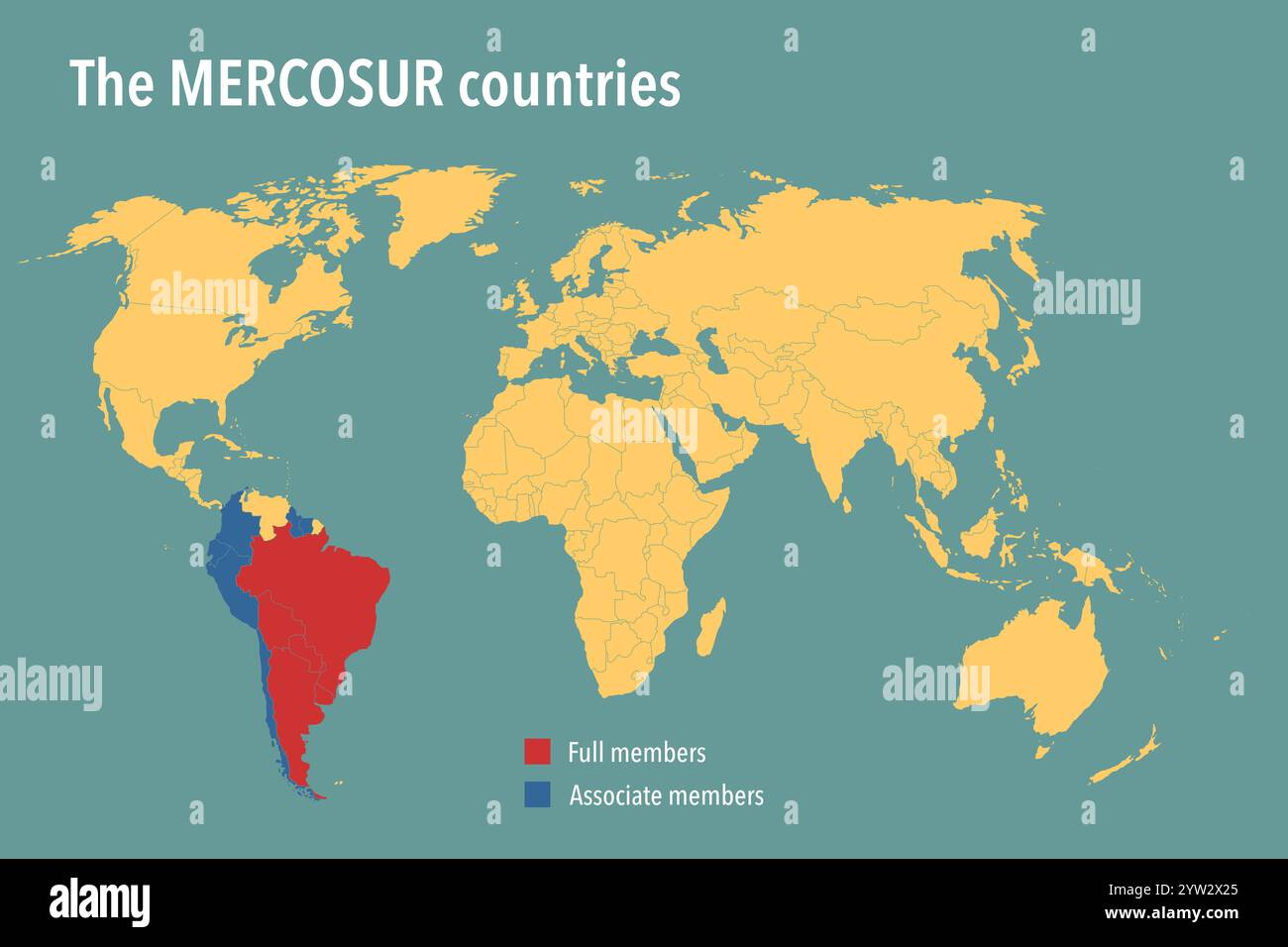 Mappa mondiale che evidenzia i paesi membri DEL MERCOSUR Foto Stock
