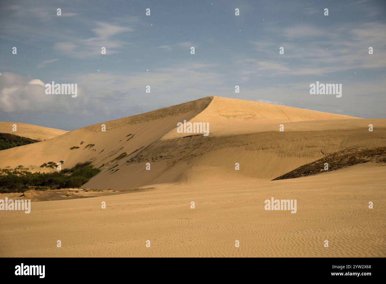 Dune di sabbia sotto un cielo crepuscolo con stelle che iniziano ad apparire, te Paki Sand Dunes, Northland, nuova Zelanda Foto Stock