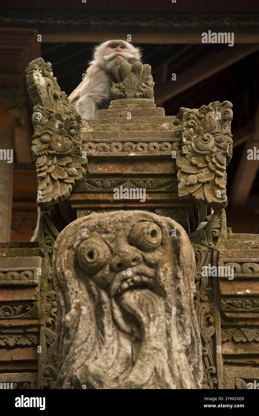 Una scimmia siede in cima ad una struttura del tempio in pietra decorata con dettagli intricati e una figura prominente, Bali, Indonesia Foto Stock