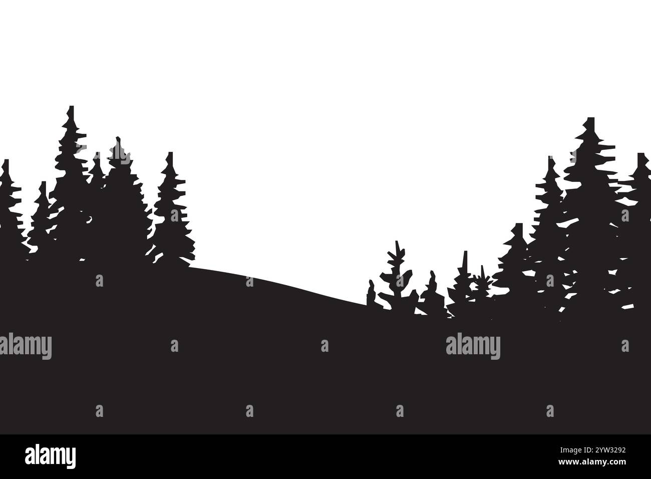 Vista sagoma foresta. Pini neri. Ambiente naturale all'aperto. Semplice paesaggio vettoriale. Illustrazione Vettoriale