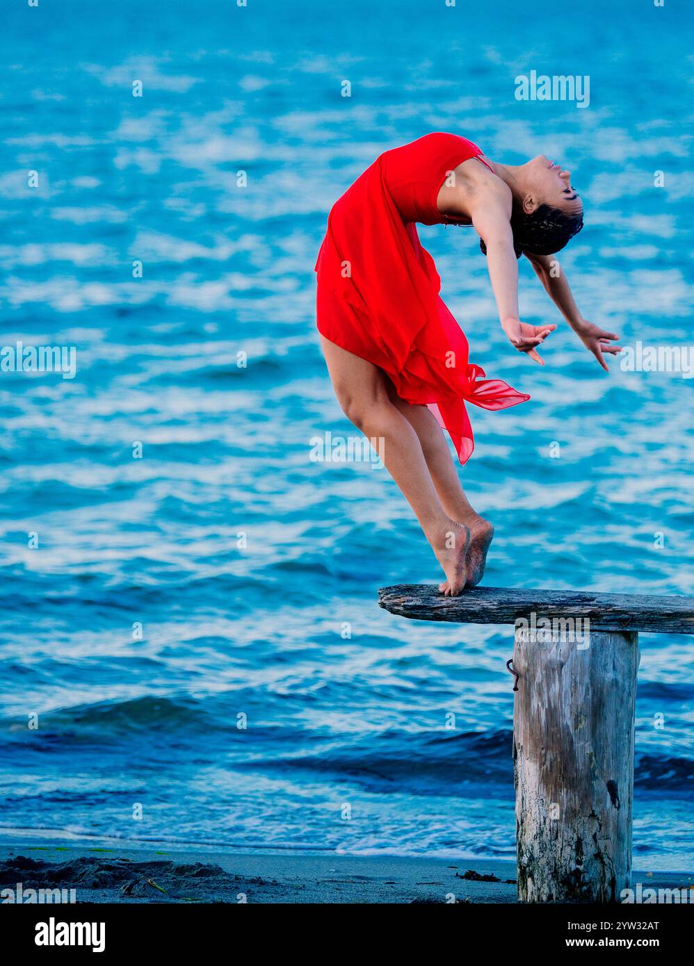 Donna con un abito rosso che esegue un'elegante posa di balletto su un ceppo di legno vicino al mare, Stati Uniti Foto Stock