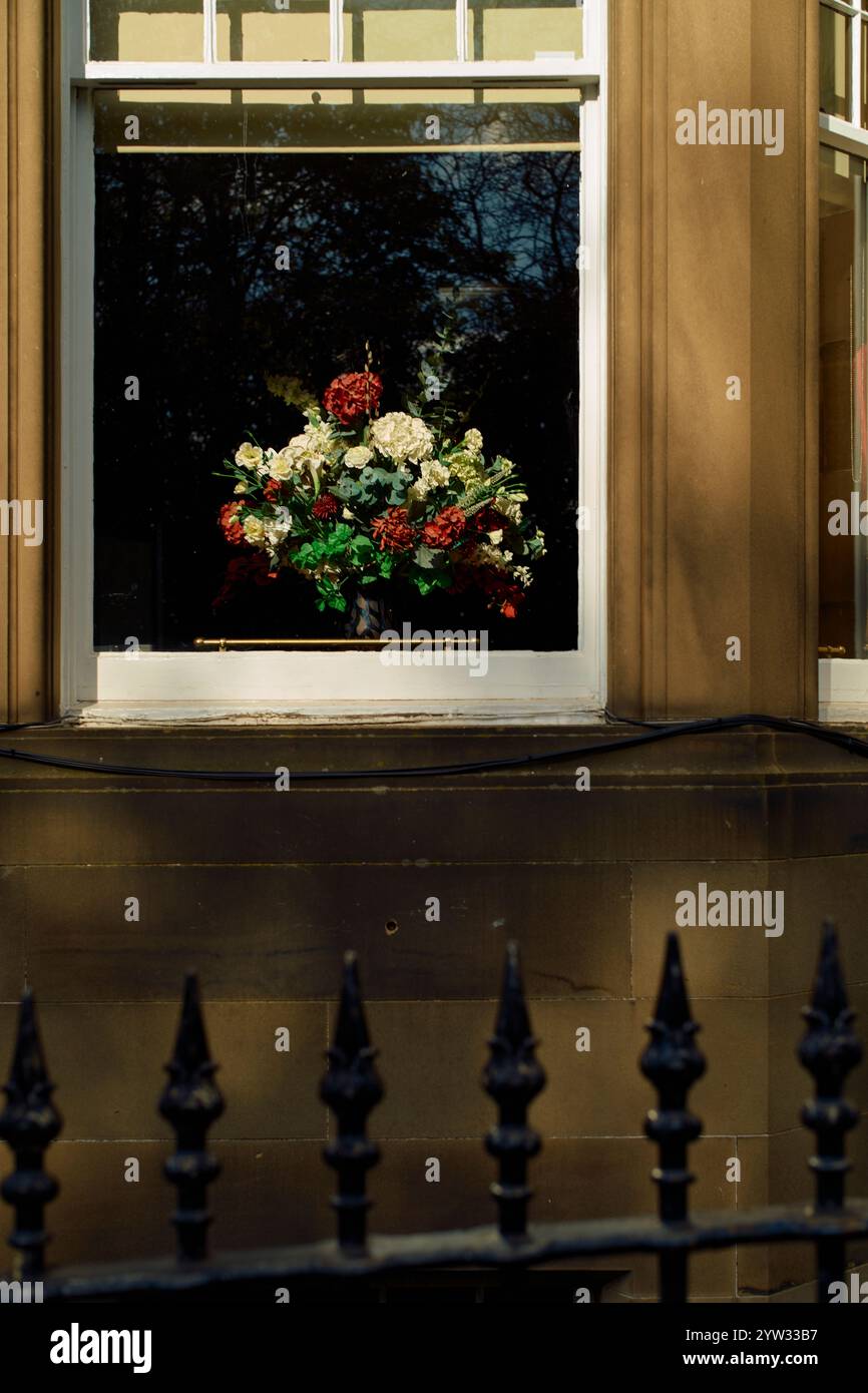 Bouquet di fiori visibile attraverso una finestra dall'esterno, con la luce del sole che getta ombre sulla cornice della finestra e la recinzione di ferro in primo piano, Edimburgo, Scozia Foto Stock
