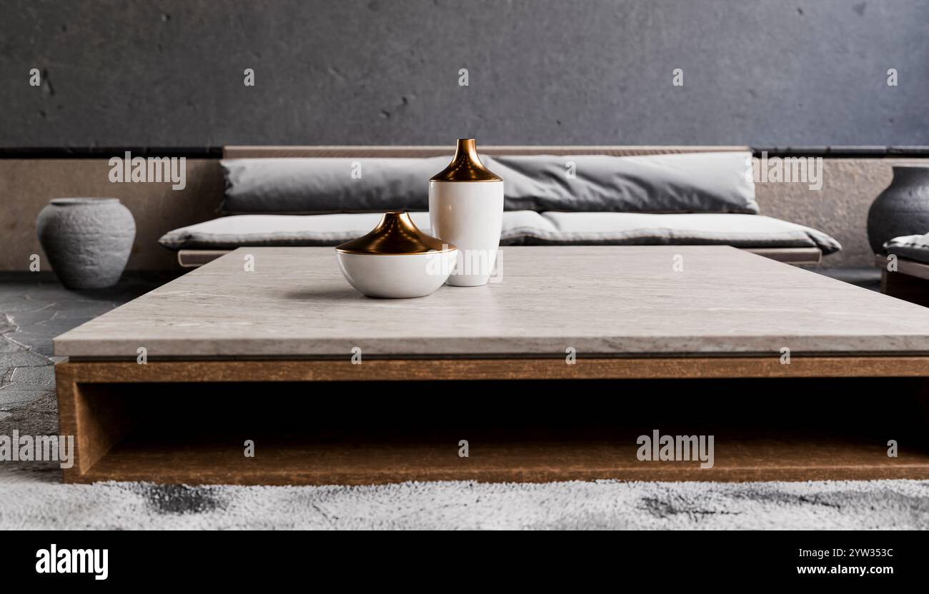 Illustrazione di un soggiorno moderno con un basso tavolino da caffè in legno adornato con decorazioni in ceramica con punte dorate Foto Stock
