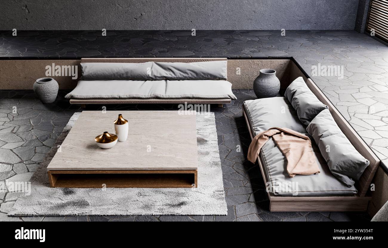 Illustrazione di un soggiorno moderno e minimalista con bassi mobili in legno e toni neutri. Foto Stock