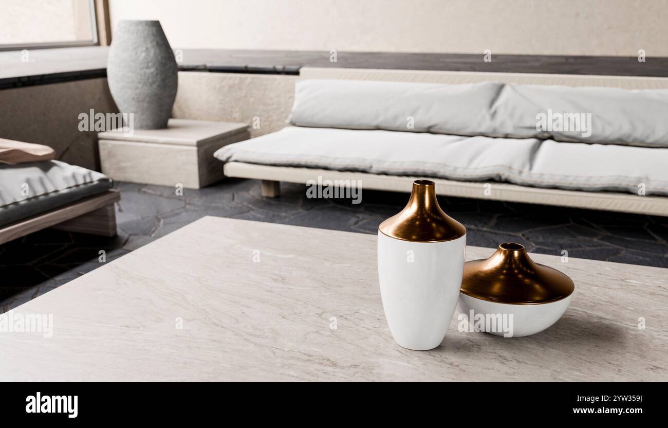 Illustrazione di un elegante soggiorno moderno con un divano bianco a basso profilo e eleganti vasi decorativi in oro e bianco su un tavolo in marmo. Foto Stock