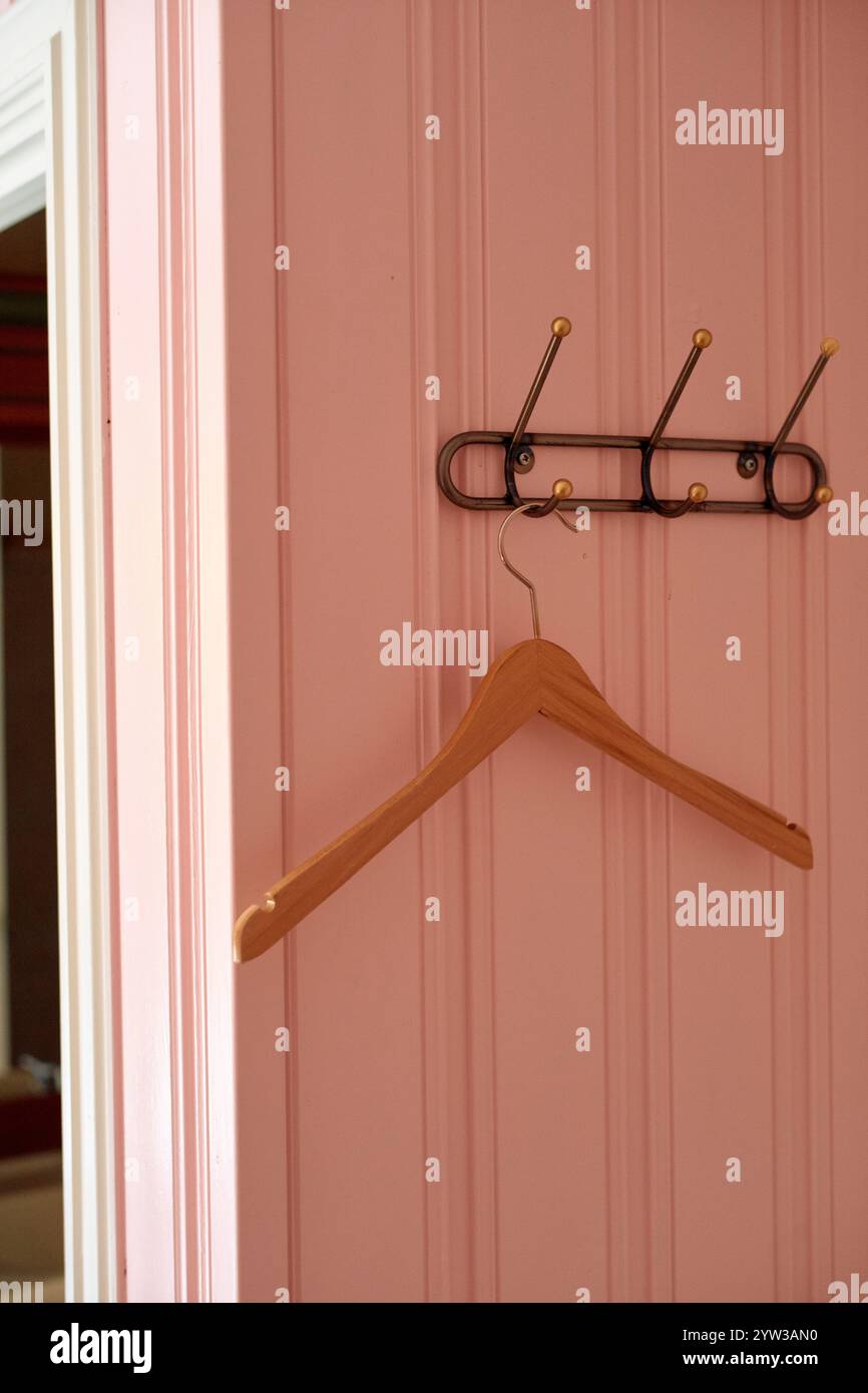 Un unico gancio di legno è appeso a un gancio in metallo minimalista contro una parete a righe rosa, Norvegia Foto Stock