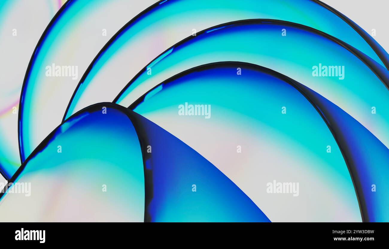 Illustrazione di curve blu astratte con sfumatura traslucida e bordi neri su sfondo bianco creano un'atmosfera artistica moderna Foto Stock