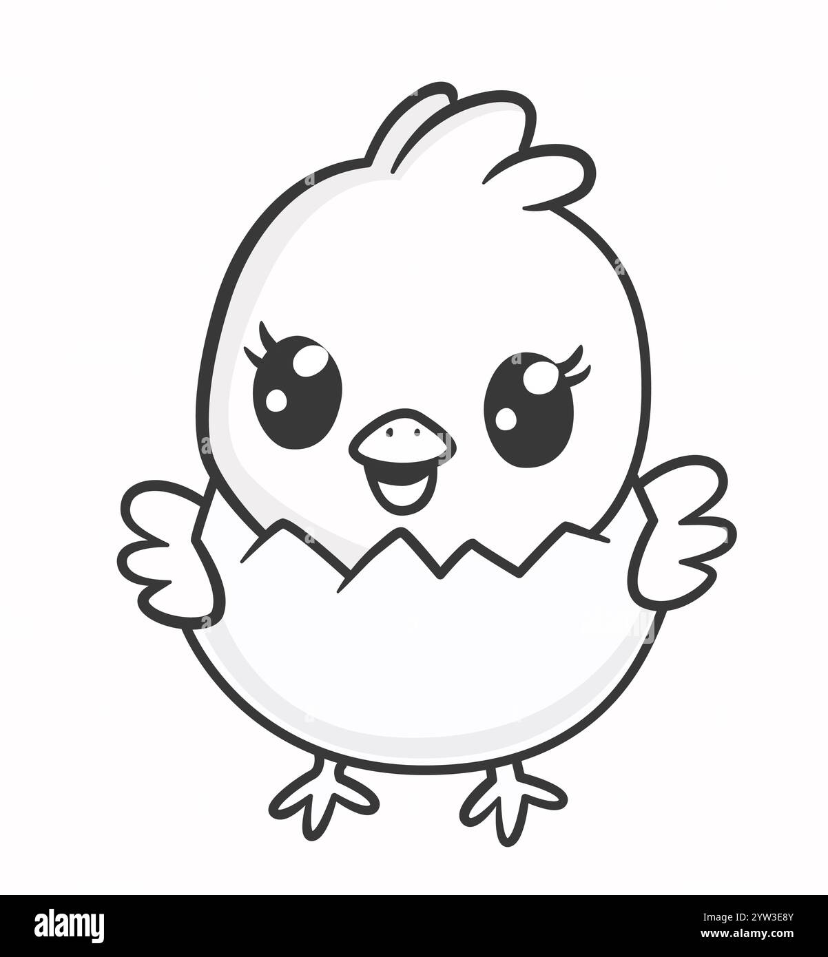 Linea bianca e nera illustrazione di un piccolo personaggio dei cartoni animati di uccello di pollo che esce da un uovo di Pasqua. Graziosa pagina da colorare per pulcino Illustrazione Vettoriale