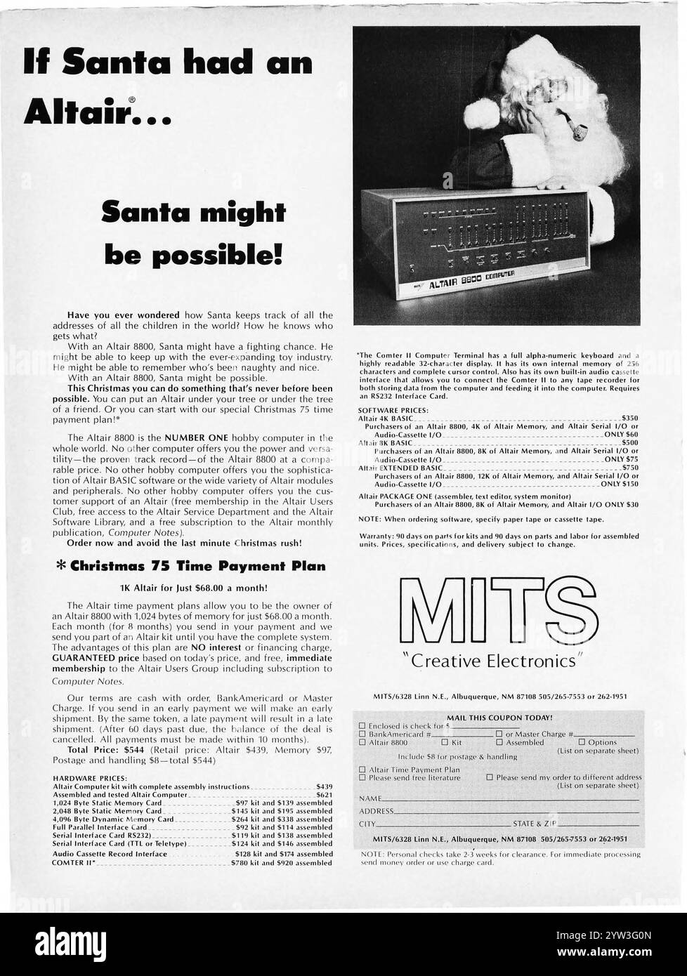 1975 annuncio natalizio MITS Altair 8800 microcomputer - "se Babbo Natale aveva un computer" Foto Stock