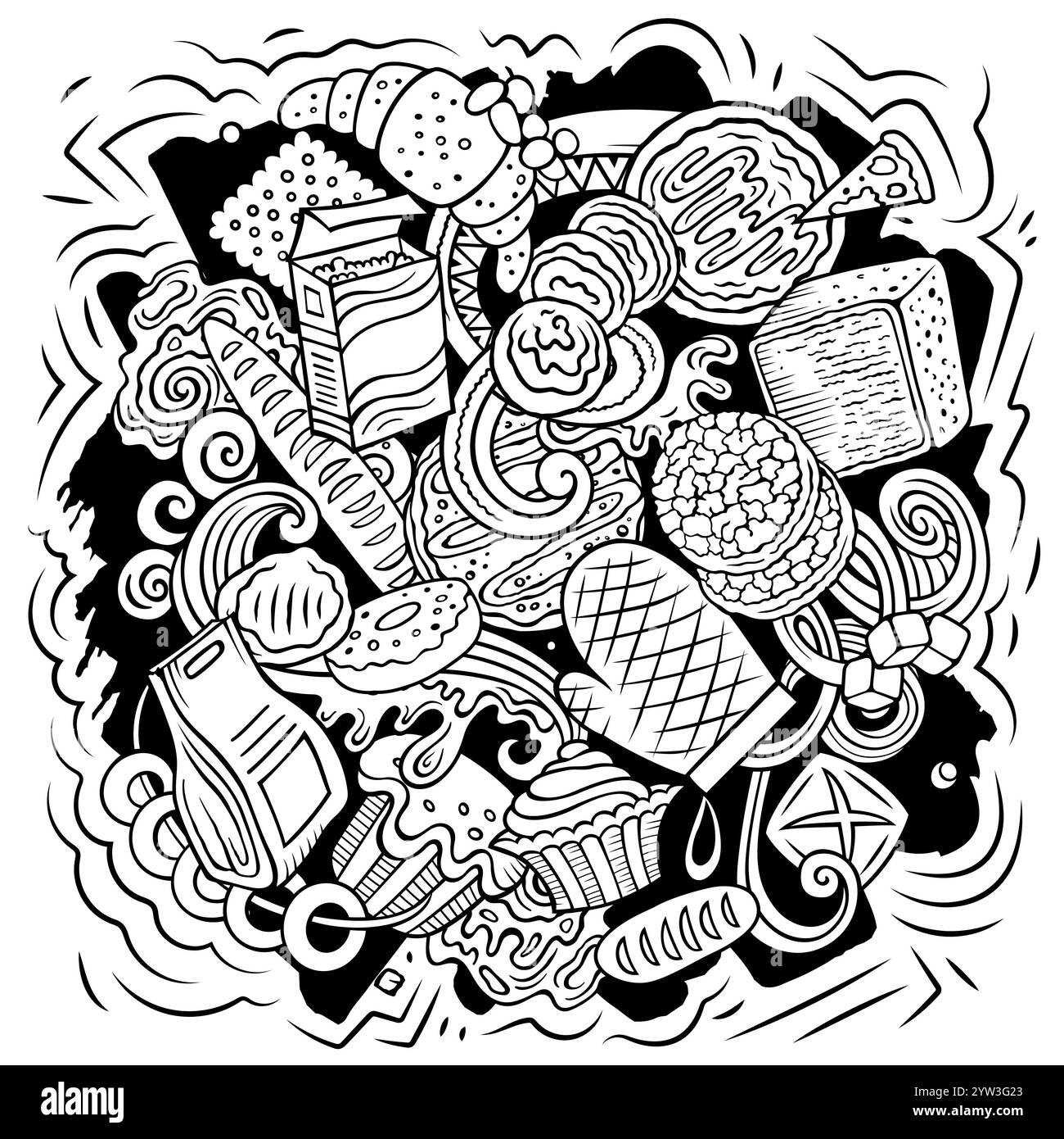L'illustrazione a forma di doodle Cartoon Vector Bakery presenta una varietà di oggetti e simboli da forno. Line art stravagante immagine divertente. Illustrazione Vettoriale L'illustrazione a forma di doodle Cartoon Vector Bakery presenta una varietà di oggetti e simboli da forno. Line art stravagante immagine divertente. Illustrazione Vettoriale