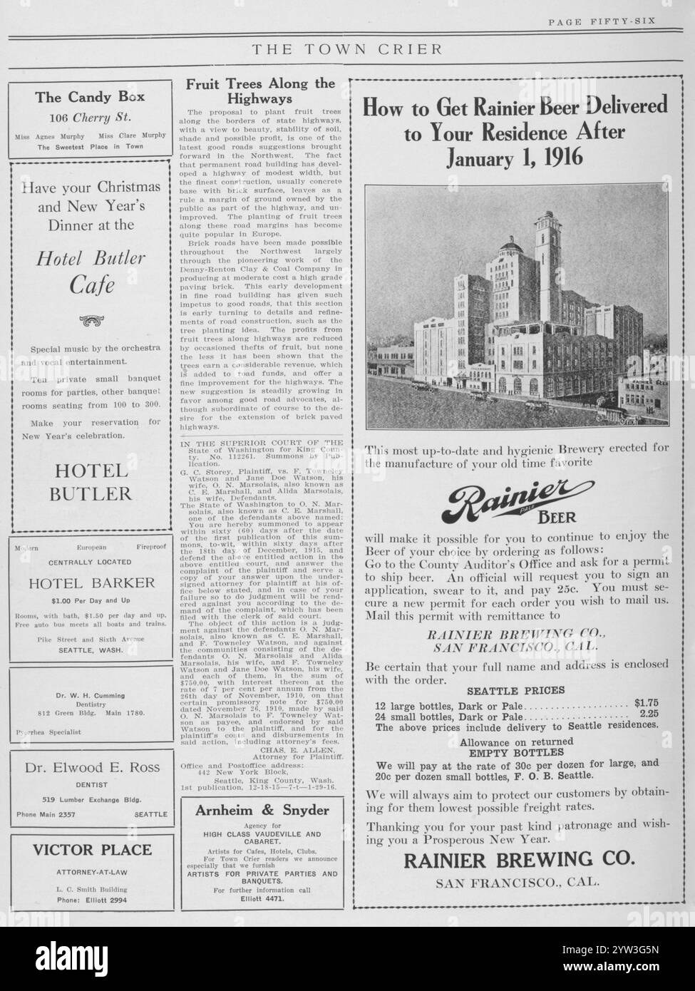 1915 Foglio pubblicitario con pubblicità di Rainier Brewing Co San Francisco CA; sale per banchetti e in the Town Crier, 18 dicembre 1915, Seattle WA Foto Stock