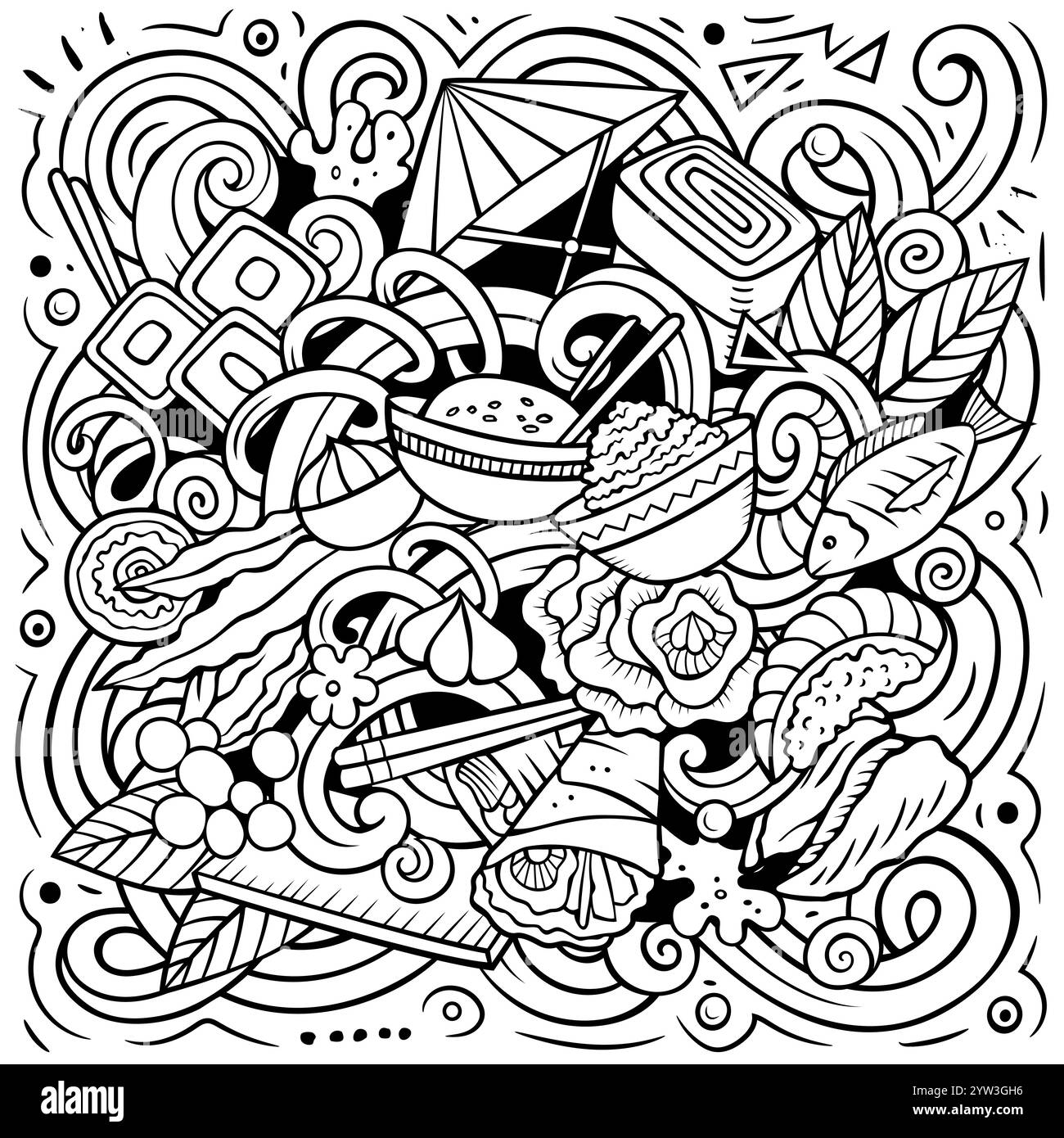 L'illustrazione della lavagna a forma di cartone animato per sushi doodle presenta una varietà di oggetti e simboli della cucina giapponese. Immagine stravagante e divertente. Illustrazione Vettoriale