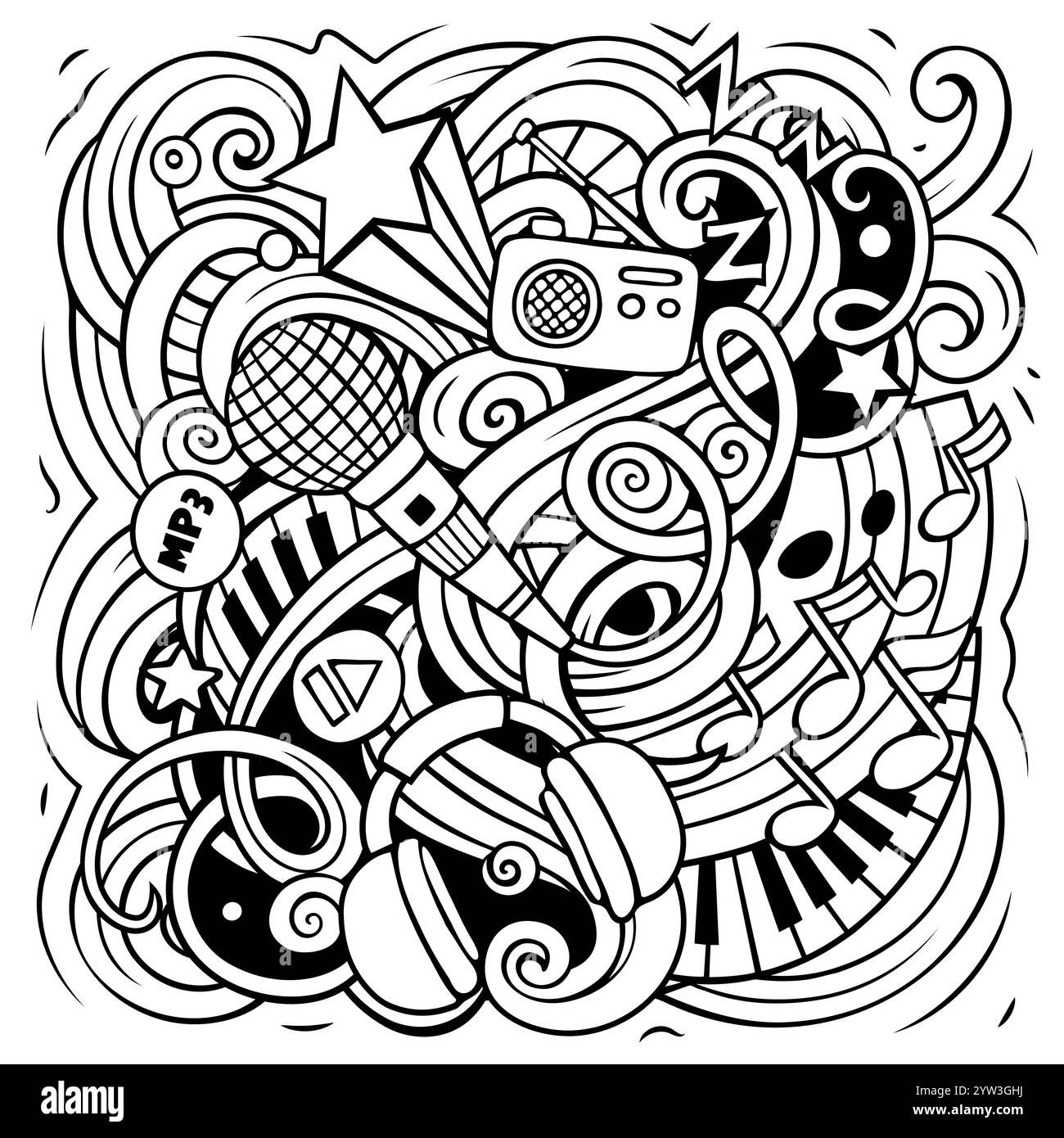 Musica disegno a mano vettore Doodles illustrazione. Design di poster musicali. Elementi sonori e oggetti sfondo cartoon. Tutti gli elementi sono separati Illustrazione Vettoriale