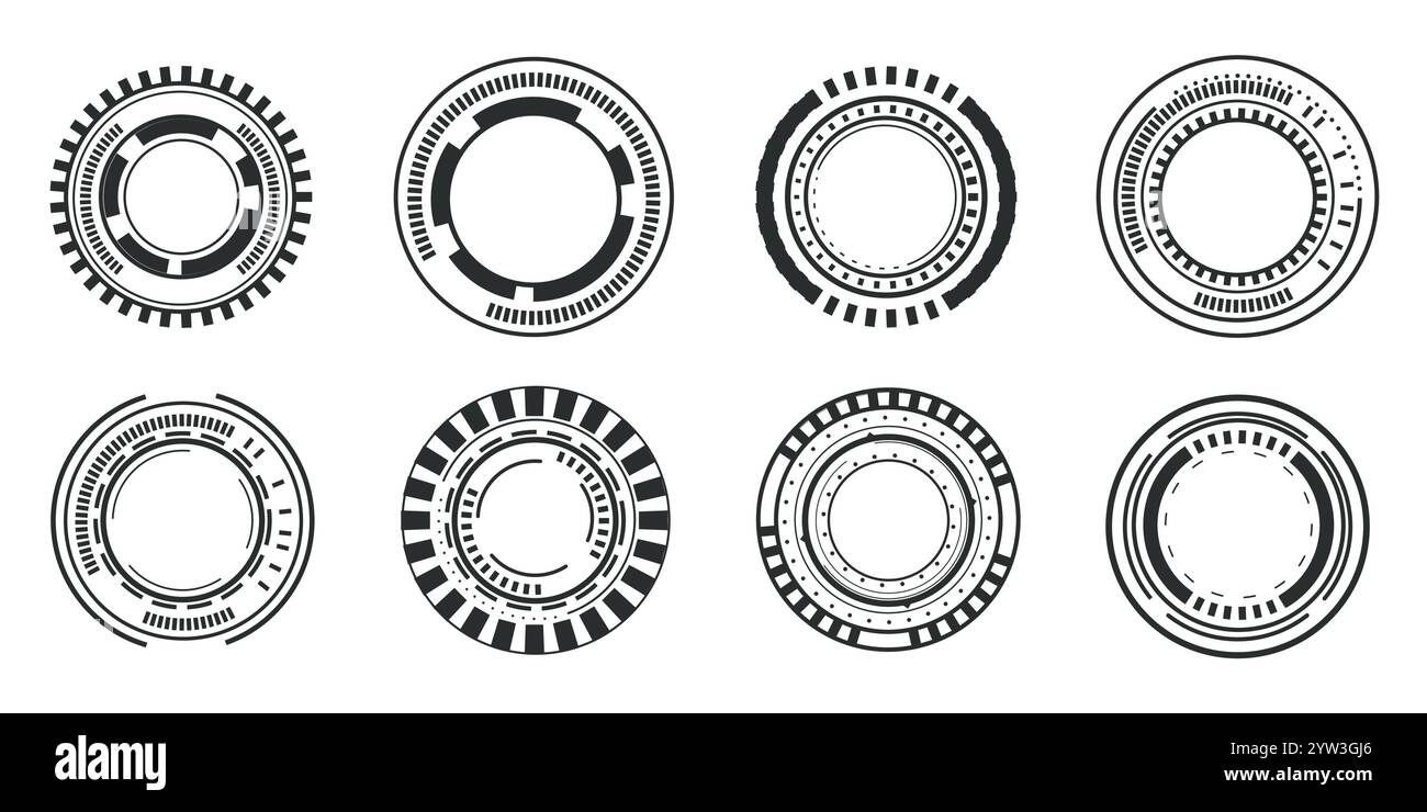 Puntatore di puntamento HUD bersaglio ottico, indicatori futuristici del raggio di messa a fuoco, mirino laser collimatore. Cecchino di misurazione per pistola cecchino. Elemento ui design interfaccia di gioco. Illustrazione vettoriale Illustrazione Vettoriale