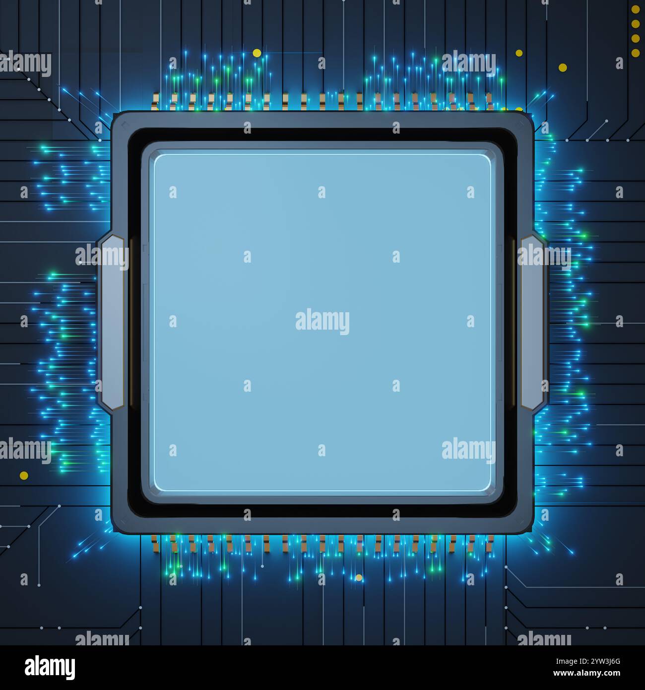 Il microchip blu è situato al centro di una complessa scheda a circuito stampato. Luci blu accese e componenti elettronici irradiano dal chip, simbolizi Foto Stock