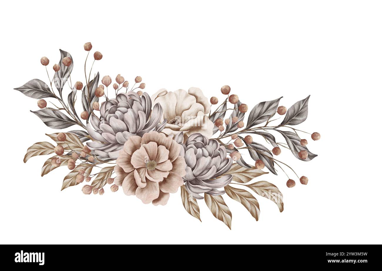 Foglie alla moda, bouquet nuziale con rose arrossate e ruggine. Fiore secco. Beige, oro, marrone, ruggine, taupe. Disposizione degli acquerelli disegnati a mano. Foto Stock