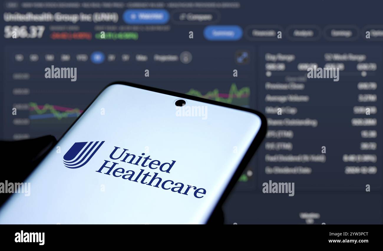 Dhaka, Bangladesh - 06 dicembre 2024: Il logo UnitedHealthcare viene visualizzato sullo smartphone. UnitedHealth Group Incorporated è una multinazionale americana del settore sanitario Foto Stock