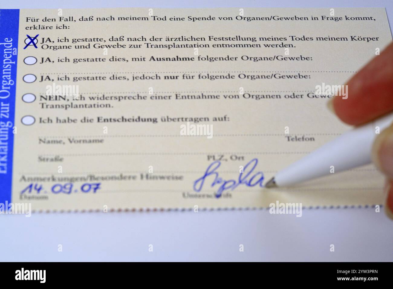 Mano femminile che compila una tessera di donatore di organi, una tessera di donatore di organi, donazione di organi Assia, Repubblica federale di Germania Foto Stock