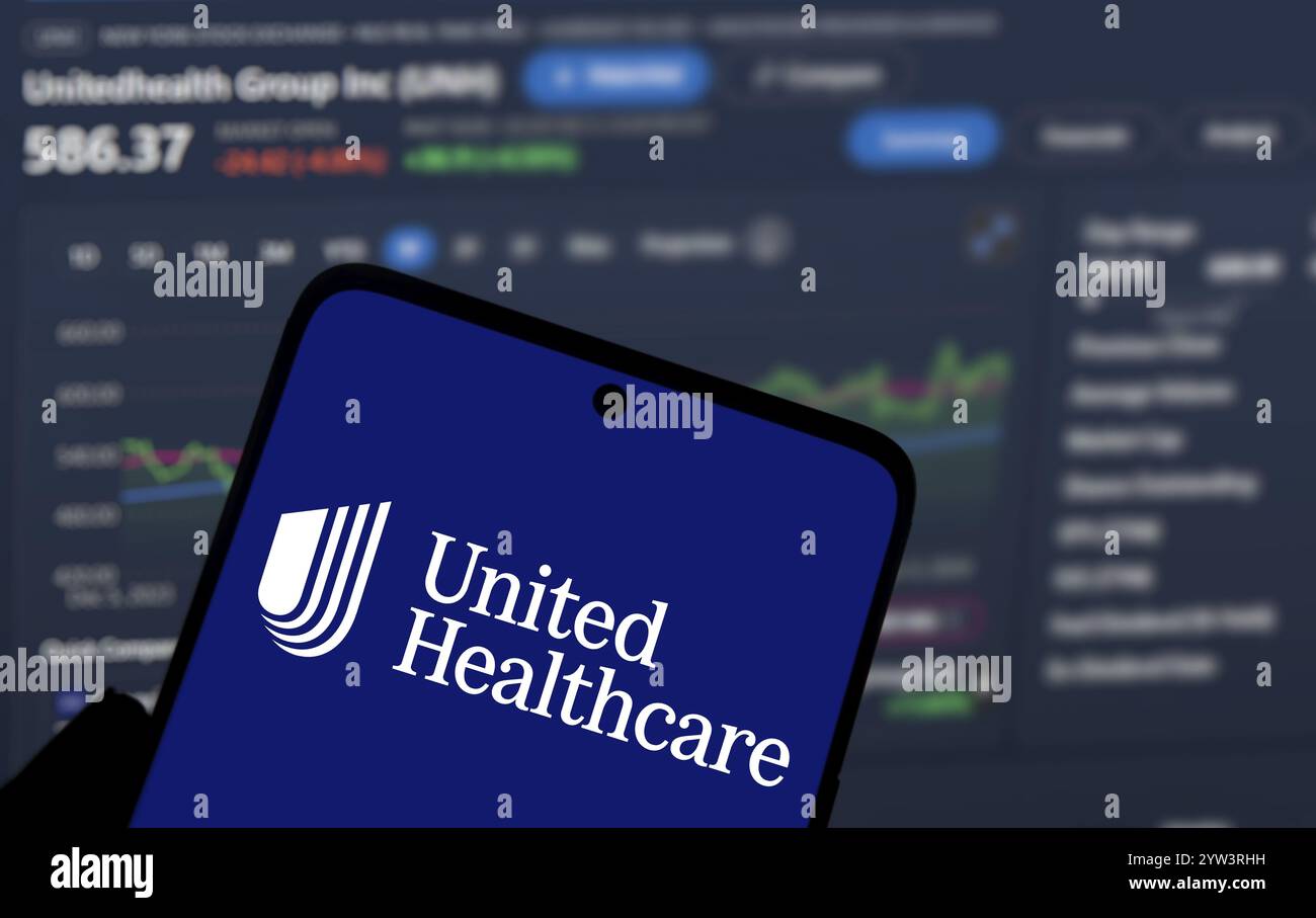 Dhaka, Bangladesh - 06 dicembre 2024: Il logo UnitedHealthcare viene visualizzato sullo smartphone. UnitedHealth Group Incorporated è una multinazionale americana del settore sanitario Foto Stock