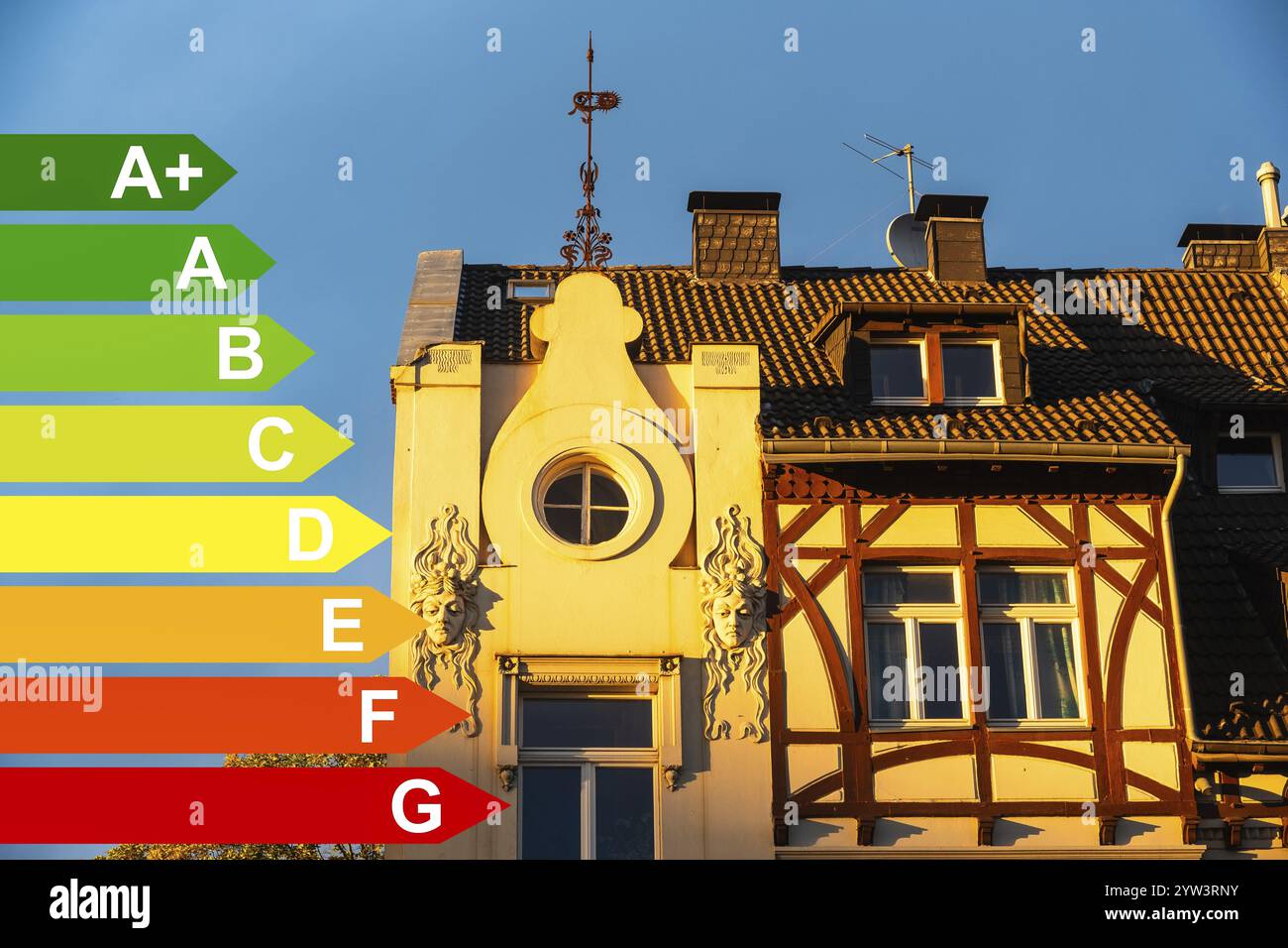 Appartamento in stile Art Nouveau alla luce della sera a Duesseldorf, classi di efficienza energetica secondo GEG, Duesseldorf, Germania, Europa Foto Stock