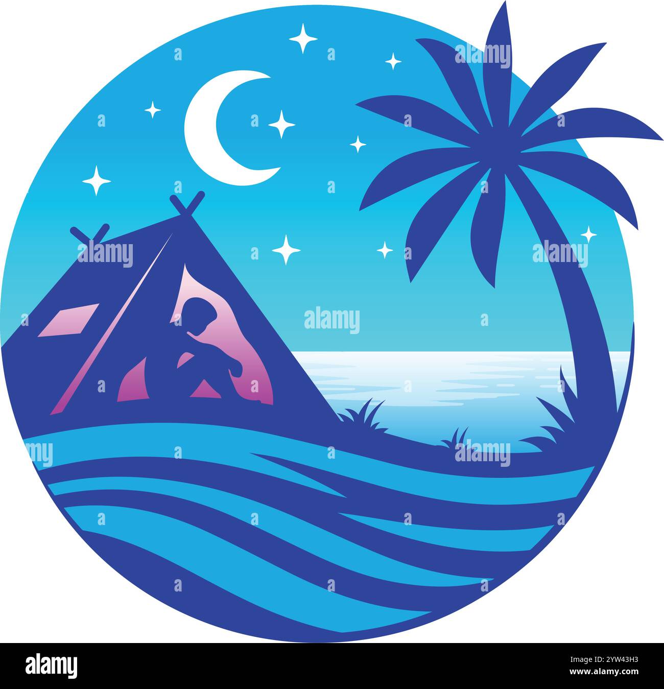 Un uomo è penoso in una tenda su una spiaggia con un'illustrazione vettoriale dell'atmosfera del tramonto Illustrazione Vettoriale