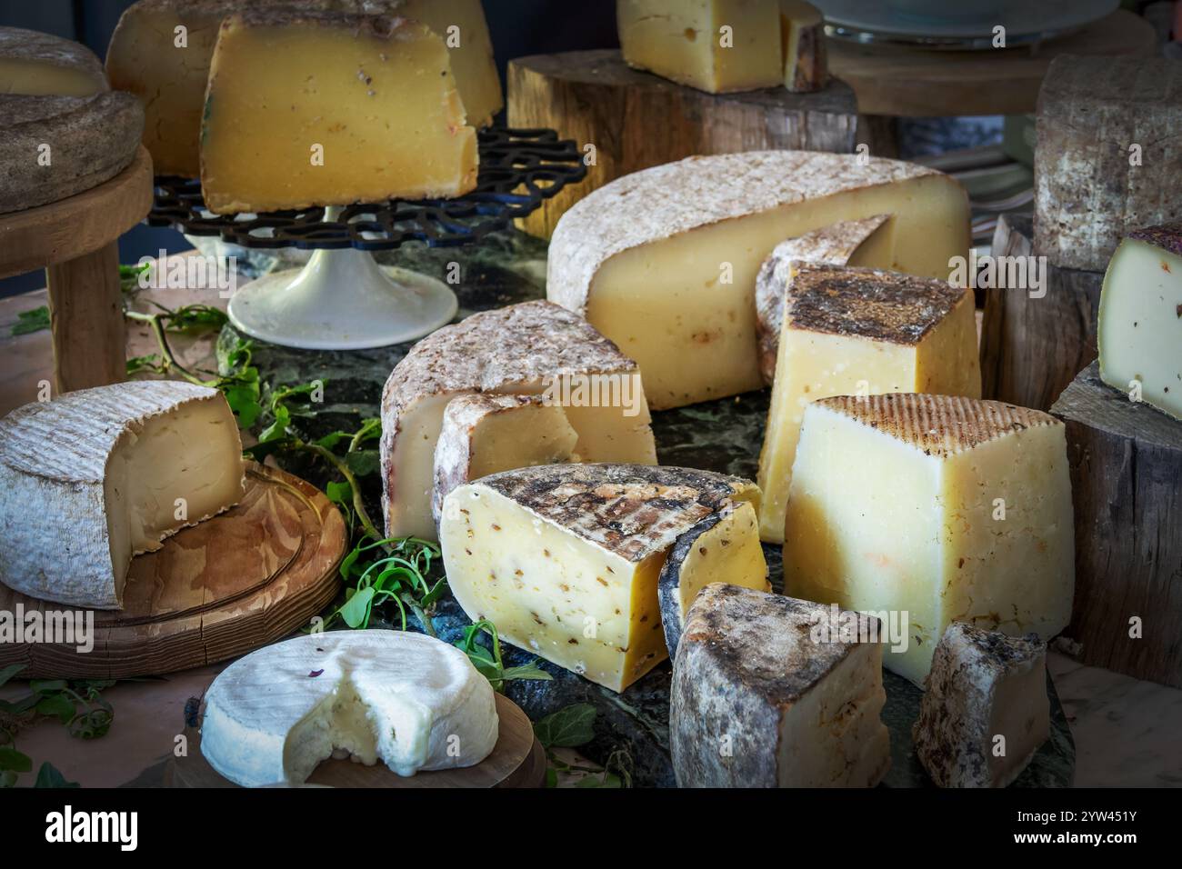 Ampia scelta di formaggi francesi maturati su un pannello rustico di legno Foto Stock