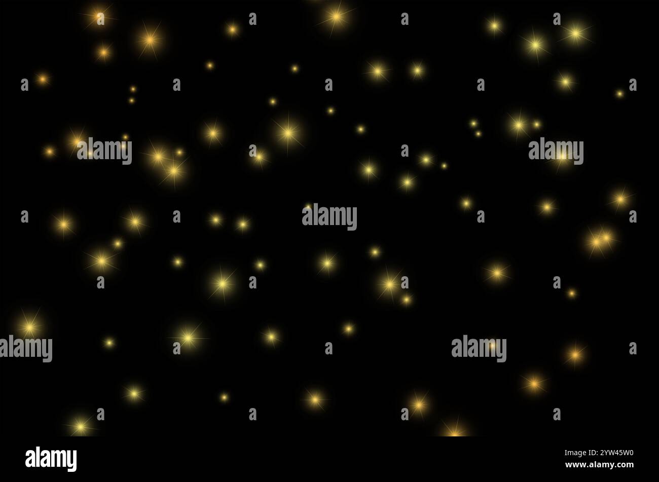 Golden Sparkles in Black Night. Luci scintillanti al buio. Sfondo Gold Starry Night. Elegante motivo Golden Glow. Stelle splendenti su Midnight Sky Foto Stock