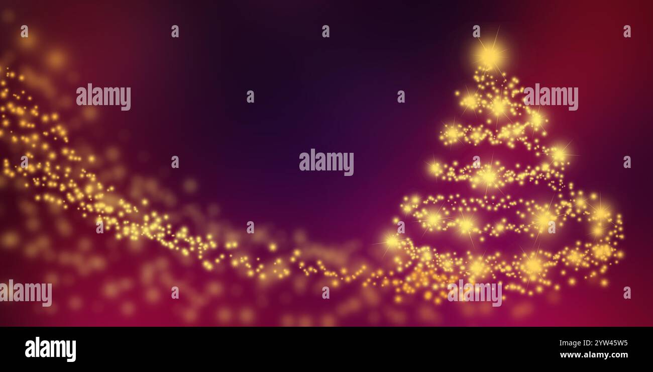 Sfondo albero di Natale Golden Twilight. Magica vacanza. Notte di Natale illuminata dalle stelle. Luci natalizie da sogno. Un Natale radioso nel cielo viola. Golde Foto Stock