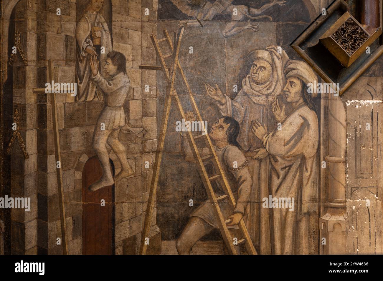 L'affresco murale storico del XV secolo chiamato "Il Pittore Pio" all'interno della Cappella della Signora nella Cattedrale di Winchester, Regno Unito Foto Stock