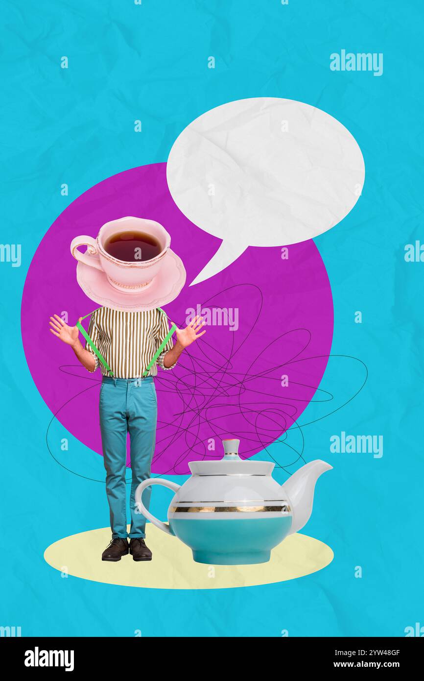 Immagine di schizzo modello opere d'arte composito collage di testa astratta tazza da tè bevanda discorso senza testa nuvola chiacchiera teiera pausa relax Foto Stock