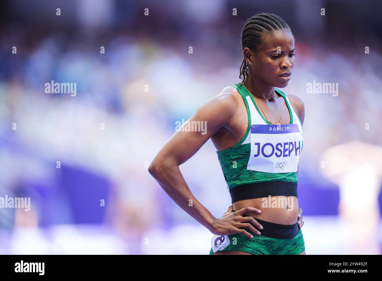 Esther Elo Joseph partecipa ai 400 metri ai Giochi Olimpici di Parigi 2024. Foto Stock