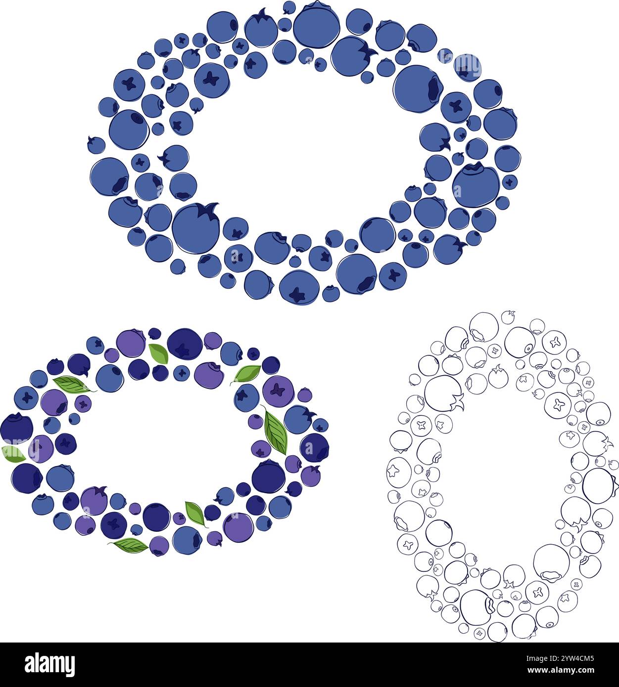 Mirtillo con cornice ovale a foglie con mirtilli maturi in tonalità blu e viola su sfondo bianco trasparente. illustrazione grafica del vettore di linee Illustrazione Vettoriale