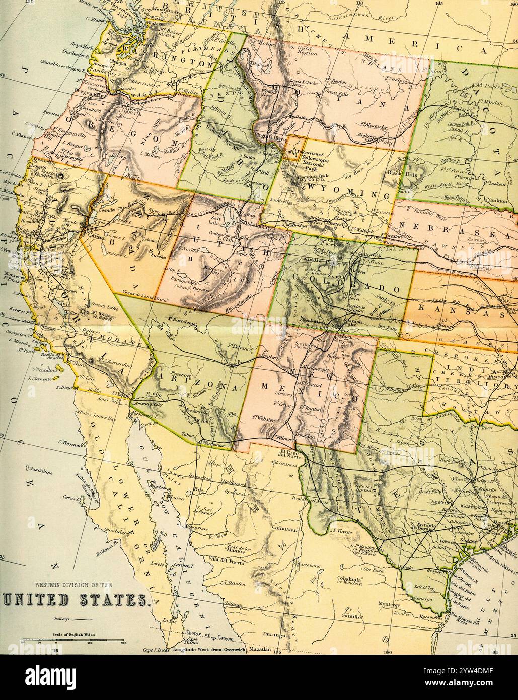 Mappa che mostra la divisione occidentale degli Stati Uniti. Da The National Encyclopedia: A Dictionary of Universal Knowledge, pubblicato nel 1890 Foto Stock