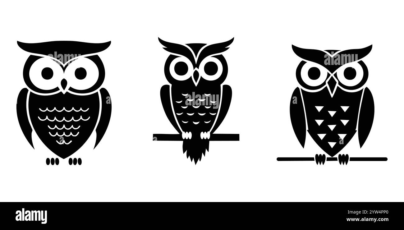 Set di icone Owl. set sagome. Illustrazioni vettoriali della silhouette del gufo. Gruppo clipart gufi. Illustrazione Vettoriale