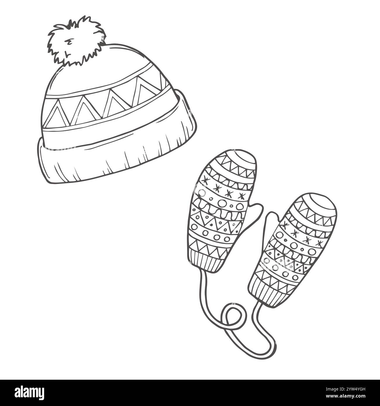 Set vettoriale di abiti invernali realizzati in maglia, cappello, sciarpa, guanti, calze. Disegni in bianco e nero con linee di contorno e ripetizioni. Disegna eleme Illustrazione Vettoriale