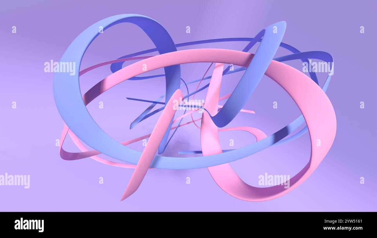 rendering 3d astratto di nastri intrecciati rosa e blu con sfondo lavanda Foto Stock
