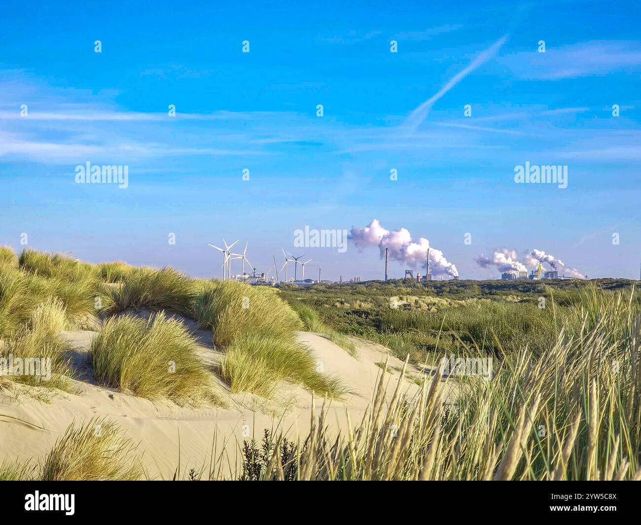Paesaggio di dune olandesi vicino a IJmuiden verso gli altiforni di Velsen con camini fumanti e vapore acqueo e mulini a vento alti per generare elettricità Foto Stock