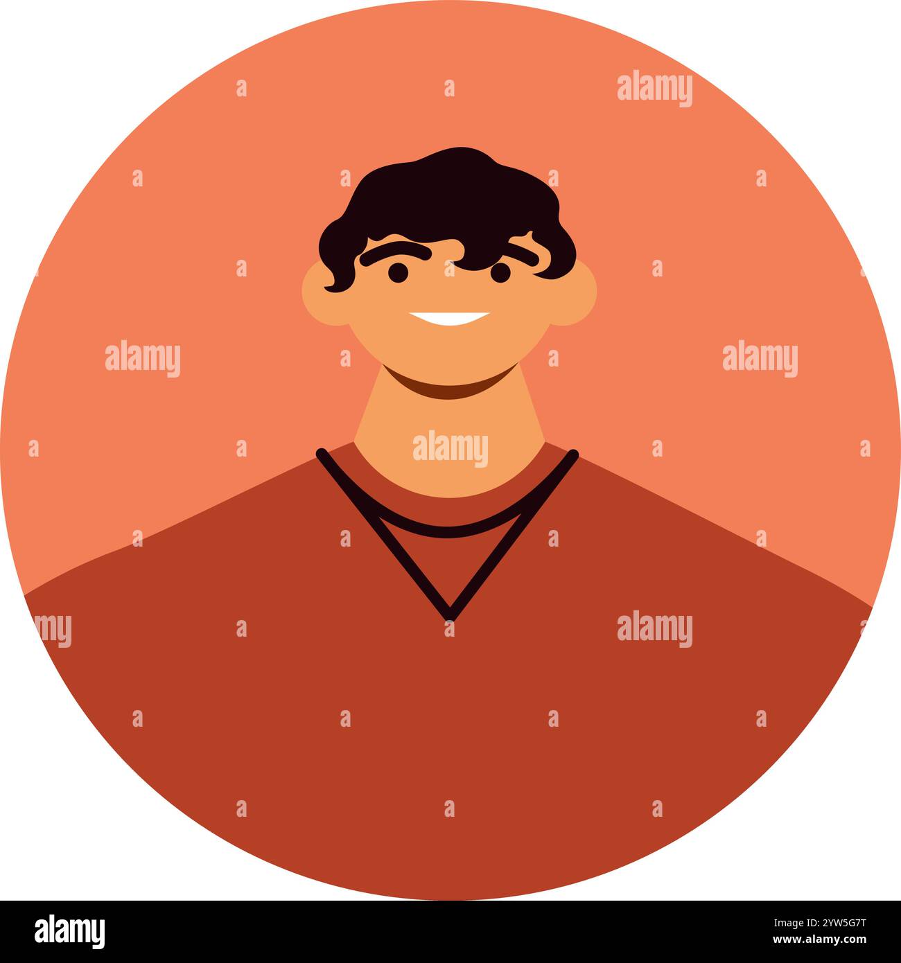 Illustrazione moderna e minimalista di un giovane che sorride, indossa un maglione marrone con scollo a V e capelli scuri, posizionata all'interno di una cornice circolare Illustrazione Vettoriale