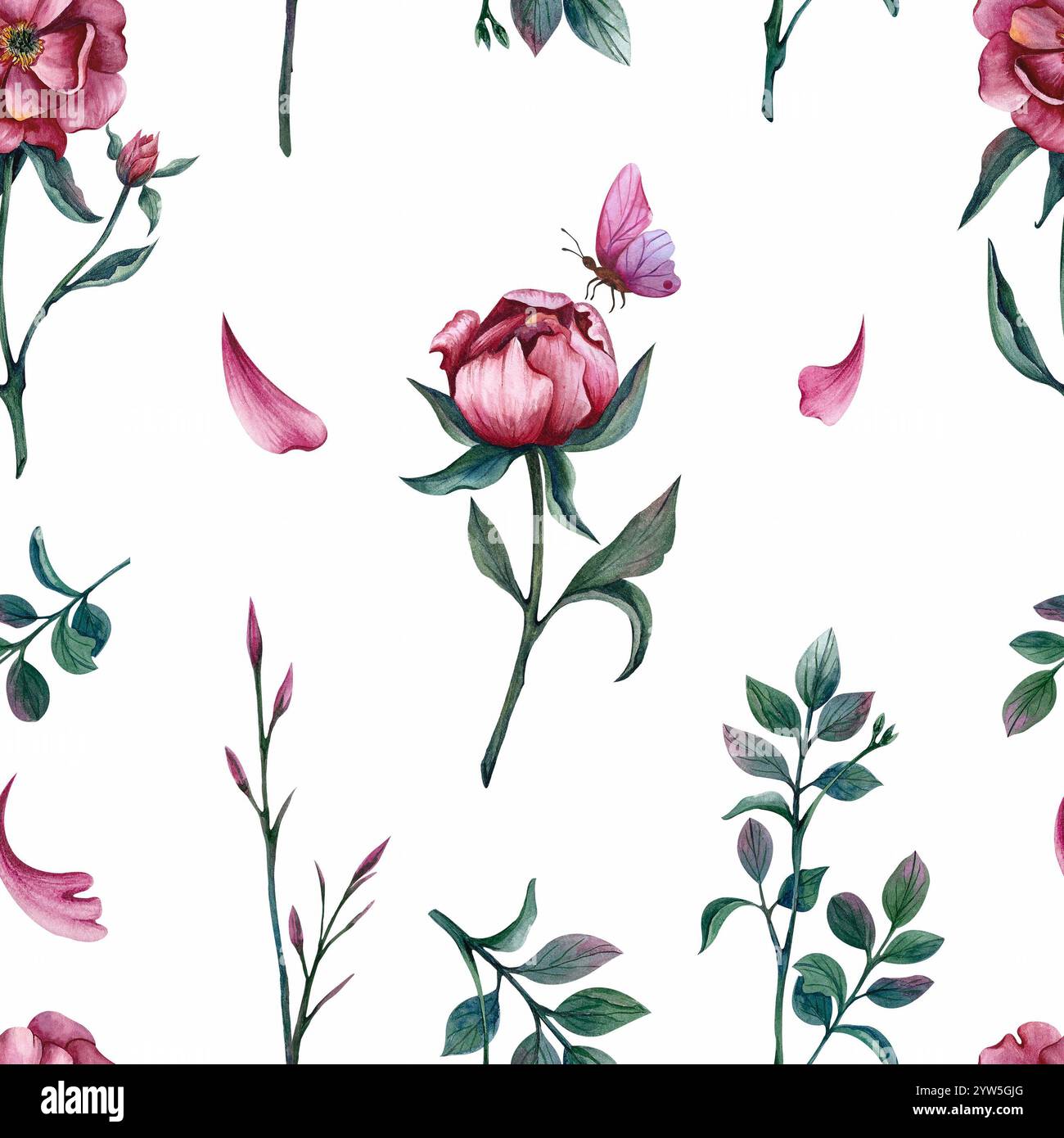 Fiori senza cuciture con peonie e farfalla. Illustrazione ad acquerello floreale su sfondo isolato. Modello primavera ed estate per confezione regalo Foto Stock