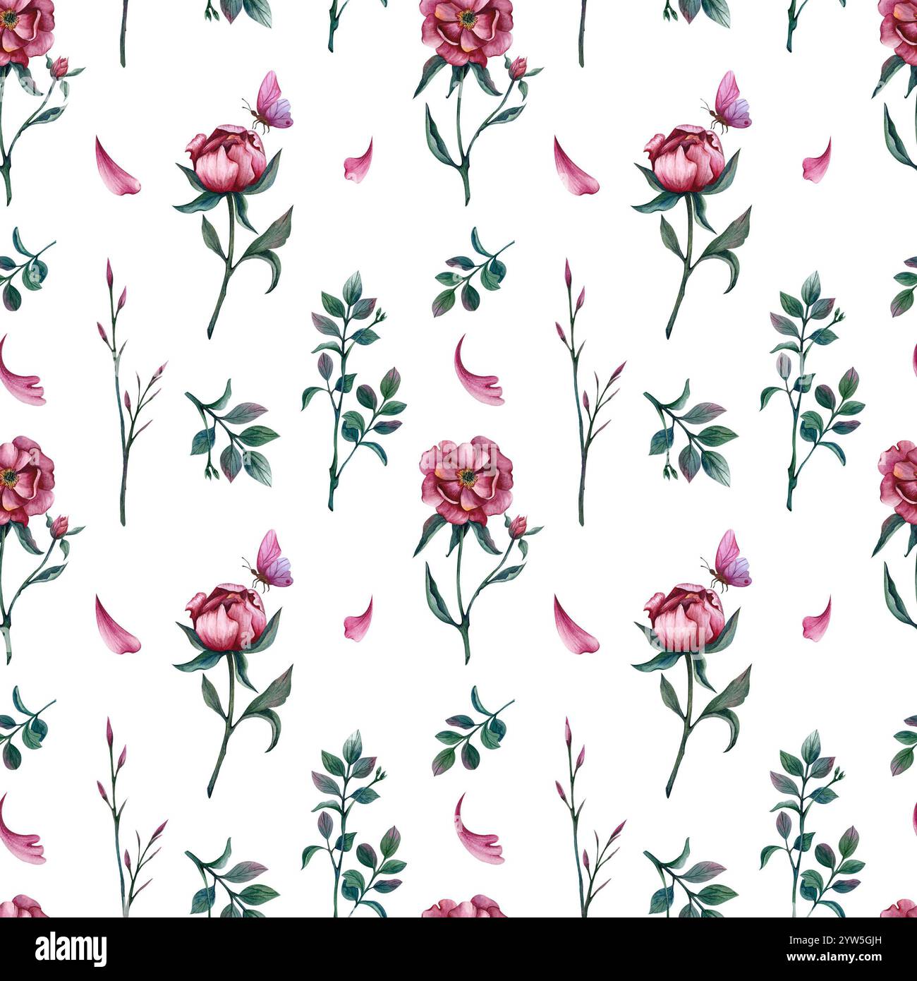 Semplice motivo floreale senza cuciture con peonie, foglie e farfalla. Illustrazione di fiori ad acquerello su sfondo isolato. Ornamento primaverile da regalo, pa Foto Stock