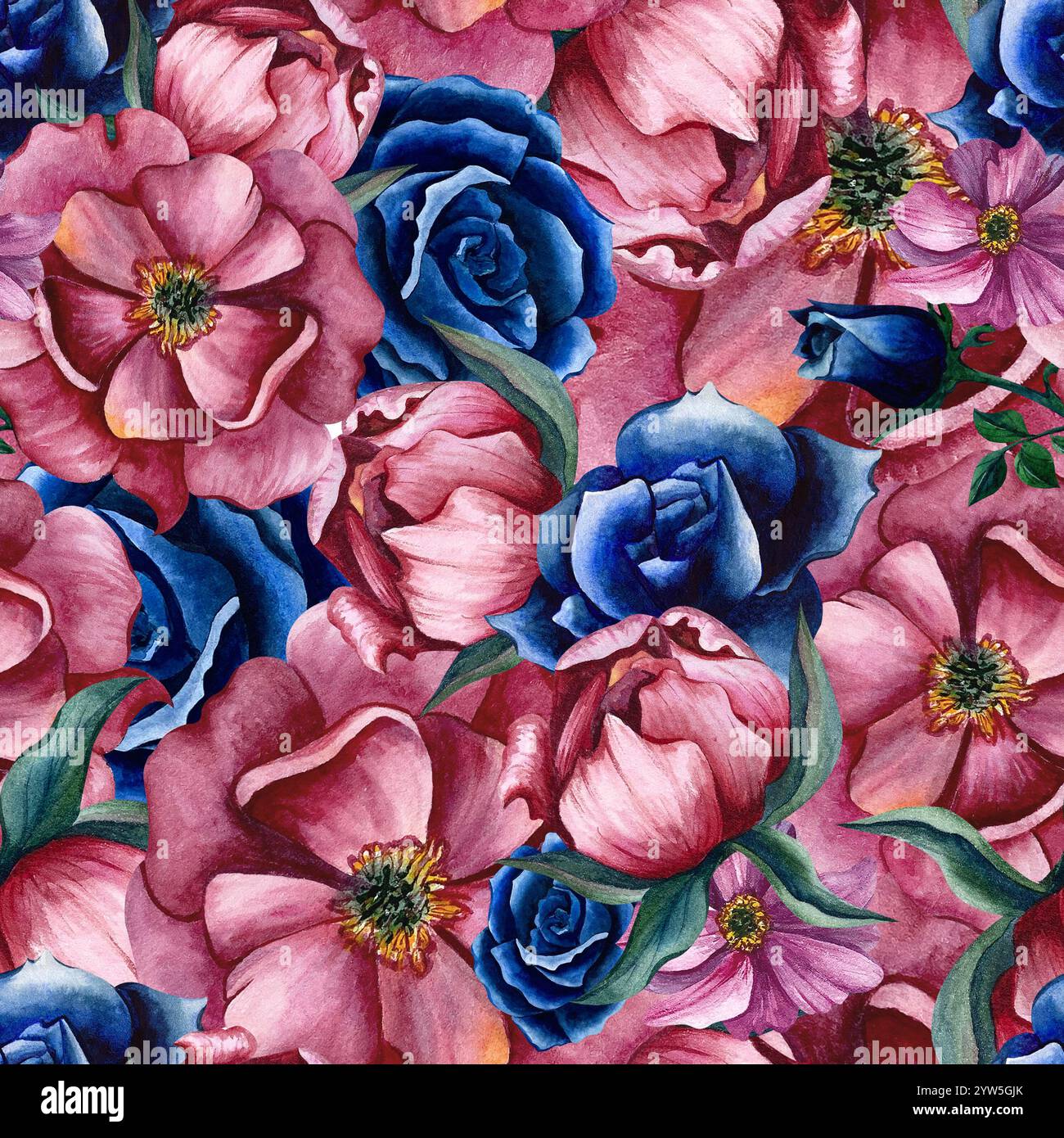 Motivo luminoso senza cuciture con fiori. Sfondo dell'illustrazione ad acquerello floreale. Ornamenti primaverili ed estivi con peonie e rose per carta da imballaggio, Foto Stock