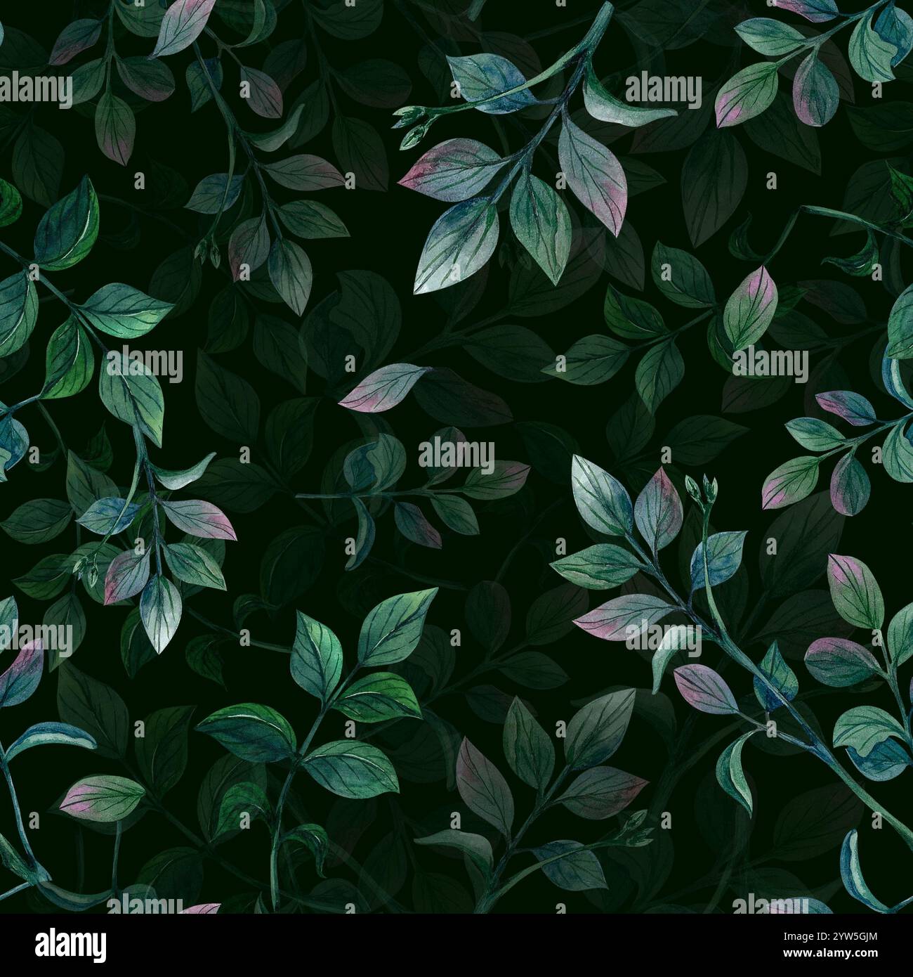 Motivo senza cuciture con foglie. Illustrazione acquerello su sfondo nero. Ornamento per tessuti, carta da imballaggio, design Web, copertura per telefoni, cosmetici e. Foto Stock