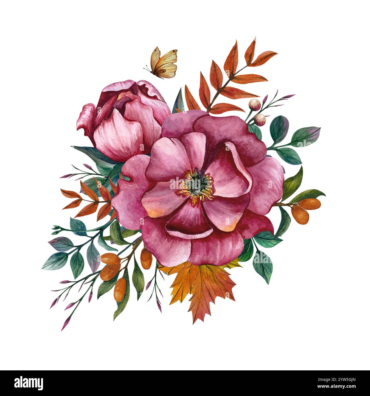 Composizione con peonia rosa e foglie. Illustrazione acquerello su sfondo isolato. Foto disegnata a mano per cartoline e inviti per la festa della mamma, Foto Stock