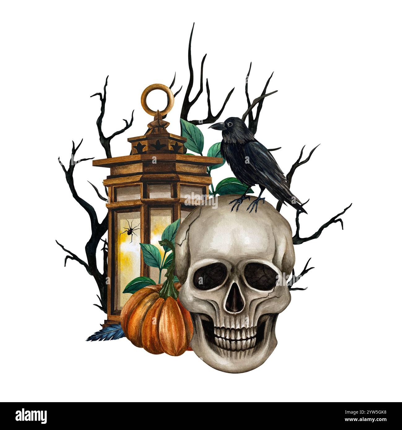 Composizione con cranio, lanterna, rami secchi e corvo. Illustrazione ad acquerello per Halloween o Day of the Dead su sfondo isolato. Stile gotico Foto Stock