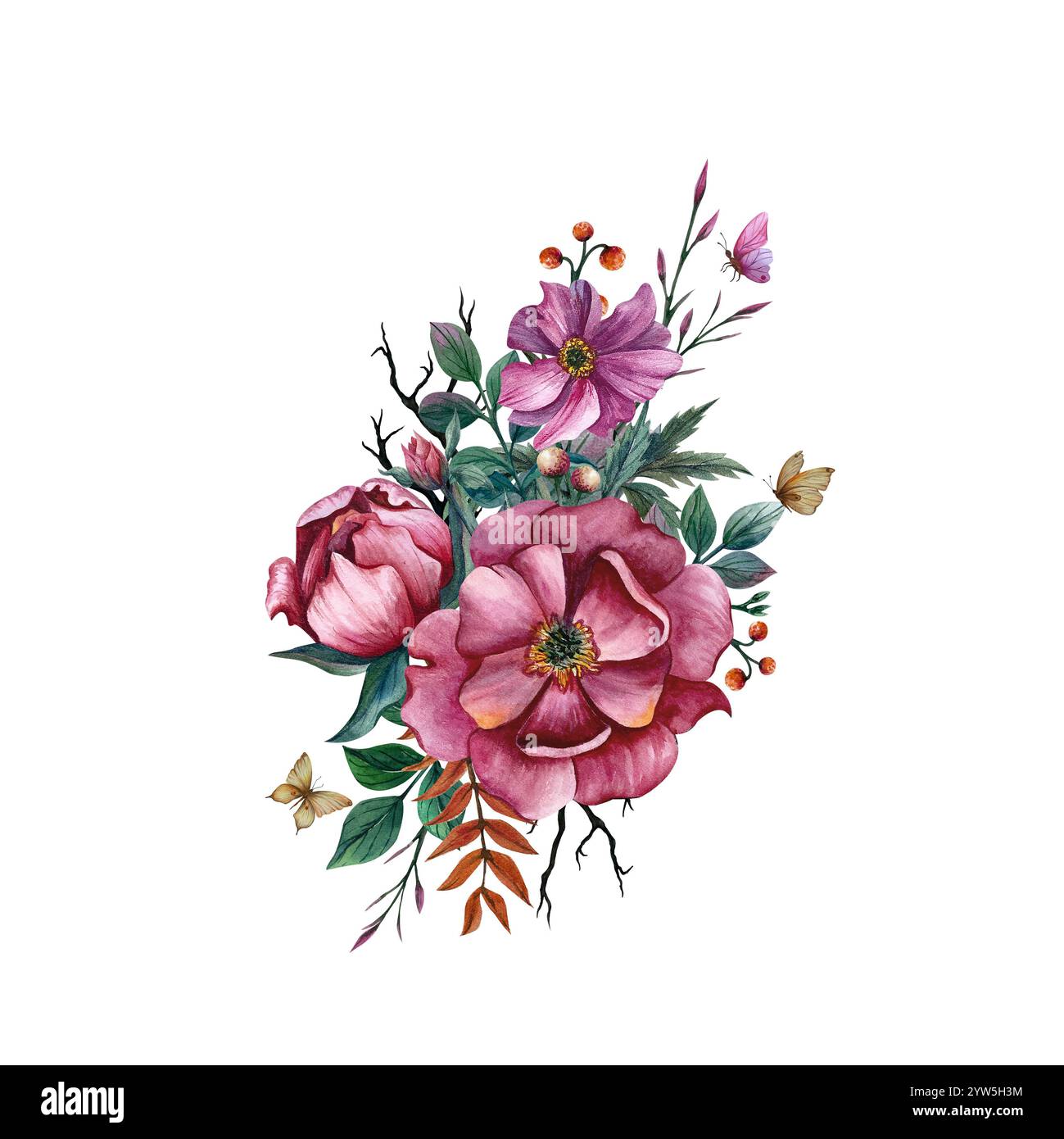 Composizione floreale con peonie e anemoni. Illustrazione ad acquerello con farfalle e foglie su sfondo bianco. Composizione molla per cartolina Foto Stock