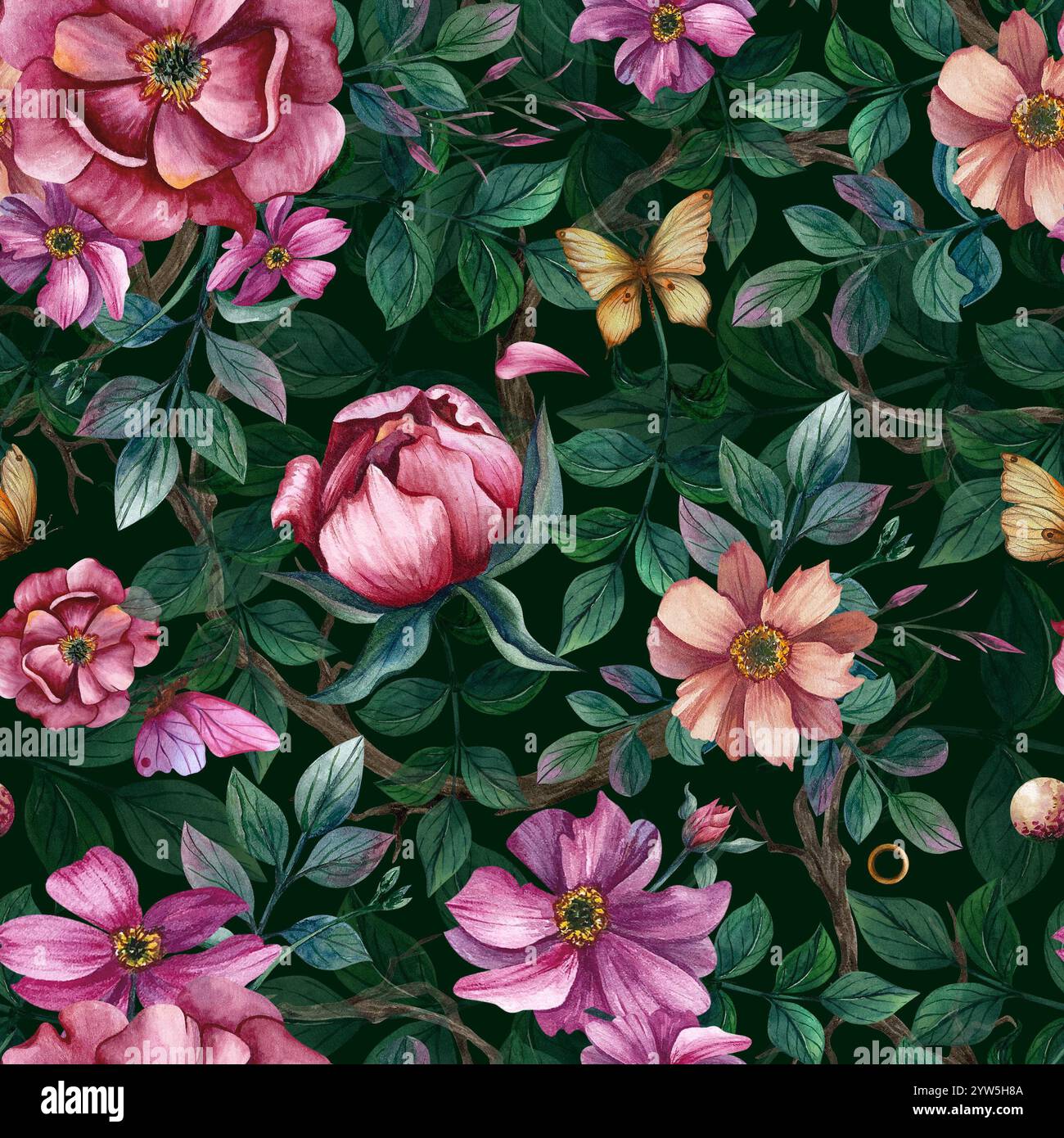 Motivo senza cuciture con fiori e farfalle, anemoni e foglie. Illustrazione acquerello su sfondo nero. Ornamento per le vacanze primaverili ed estive Foto Stock