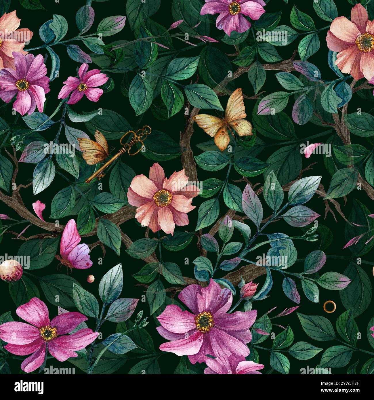 Motivo senza cuciture con fiori, farfalle e foglie. Illustrazione acquerello su sfondo nero. Ornamenti per le vacanze primaverili ed estive, tessili, Foto Stock